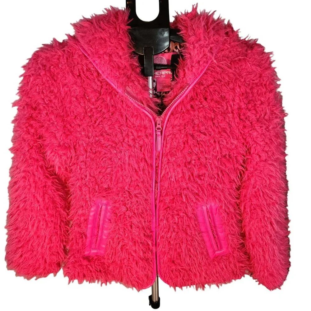 Girls Large Hot Pink Fuzzy Hooded Zip Up Jacket‎ Cheetah Lining